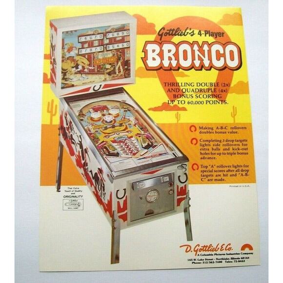 Bronco Pinball FLYER Original NOS 1977 Game Western Cowboy Retro Vintage Promo - Picture 3 of 7